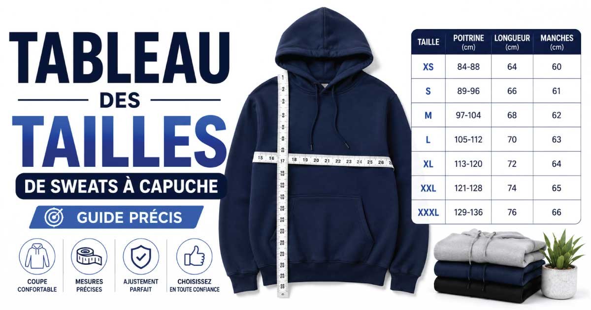 Tableau des tailles de sweats à capuche